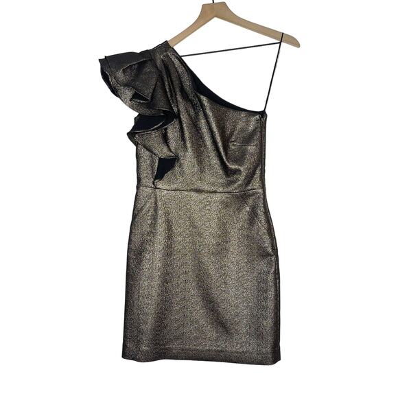 VERONICA BEARD Ensley Dress Womens Size 6 One Shoulder Black Gold Metallic - Picture 2 of 10